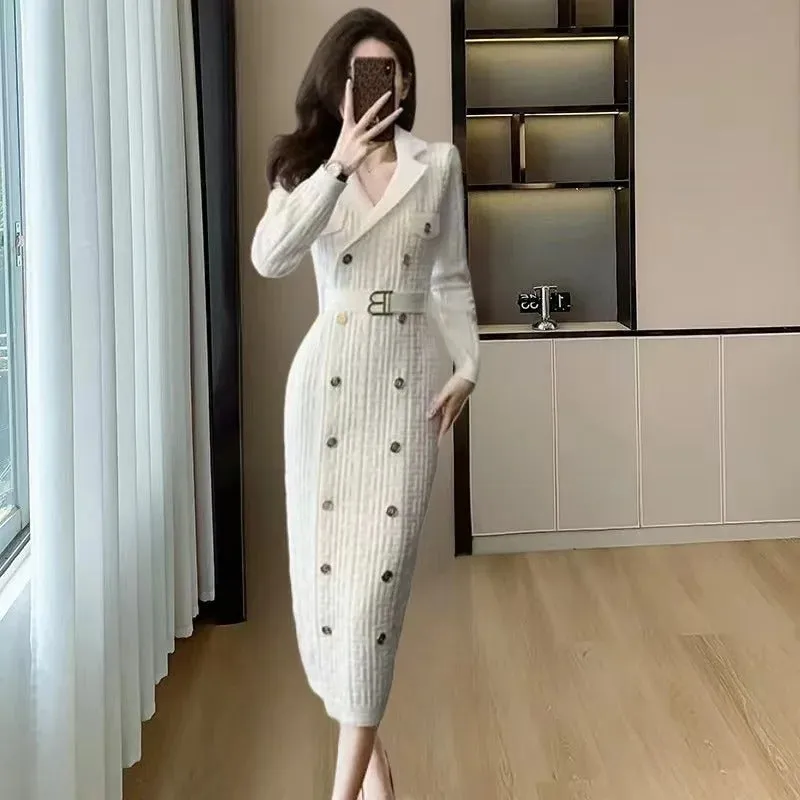2024 Spring New French Elegant  Knitted Midi Dress Women Fashion Lapel Long Sleeve Belt TwoBreasted Stretch Party Dress Female