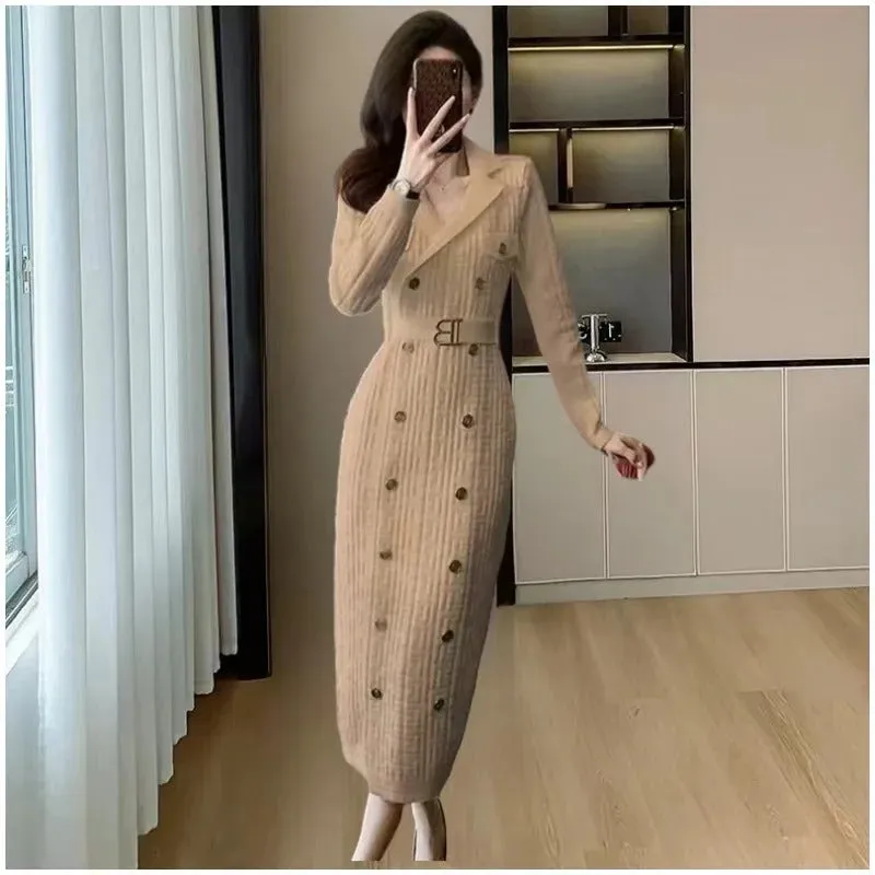 2024 Spring New French Elegant  Knitted Midi Dress Women Fashion Lapel Long Sleeve Belt TwoBreasted Stretch Party Dress Female