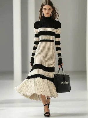 【24-hour shipping】Fashion Loose Retro Black and White Striped Knitted Turtleneck Midi Dress