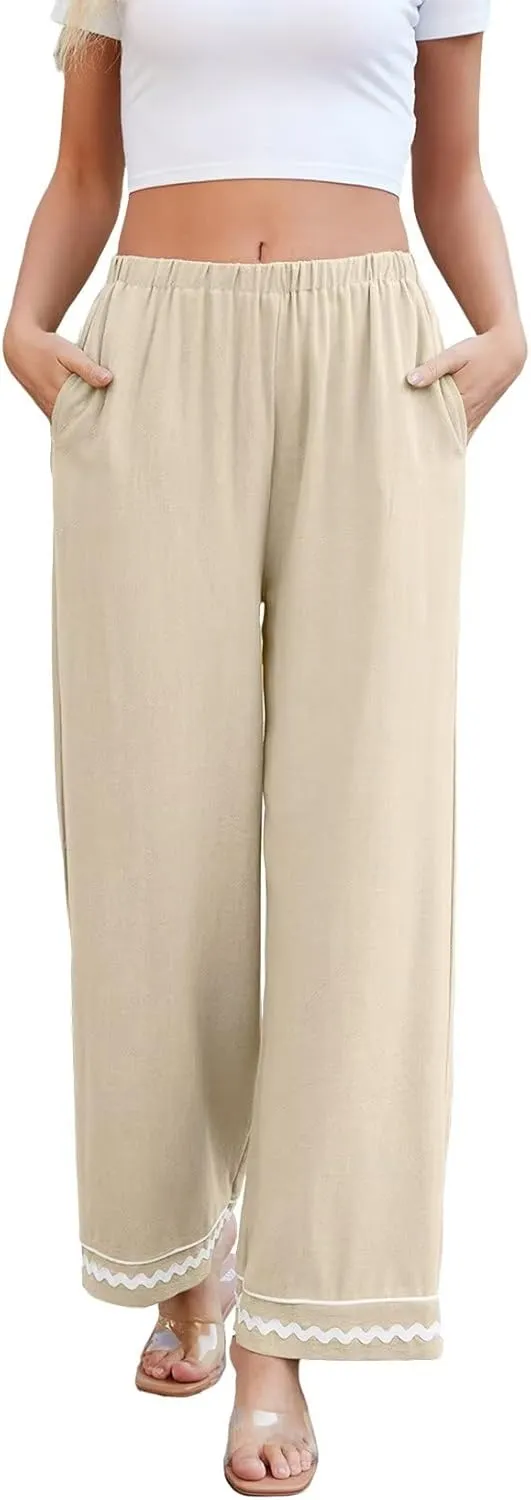 Allimy Women's Summer Casual Midi High Rise Flowy Wide Leg Linen Pants