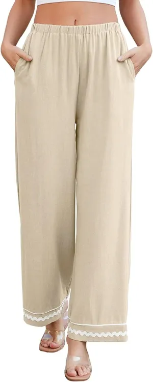Allimy Women's Summer Casual Midi High Rise Flowy Wide Leg Linen Pants