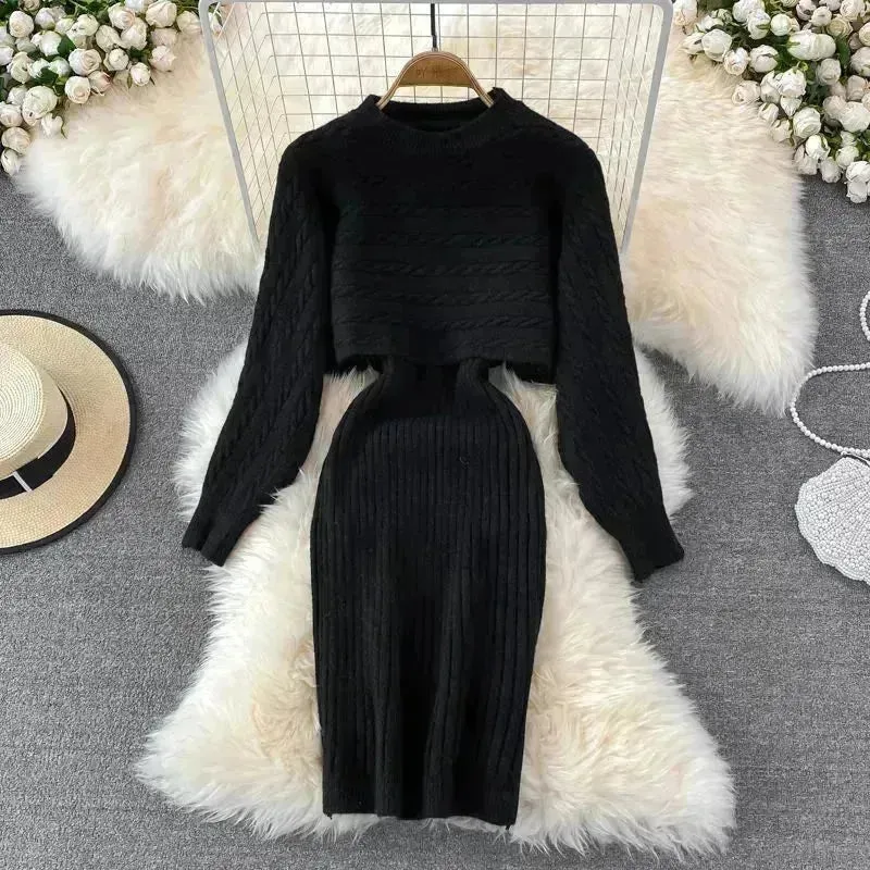 Autumn Winter Sassy Woolen Knitted Two Piece Midi Sweater Dress Outfit set