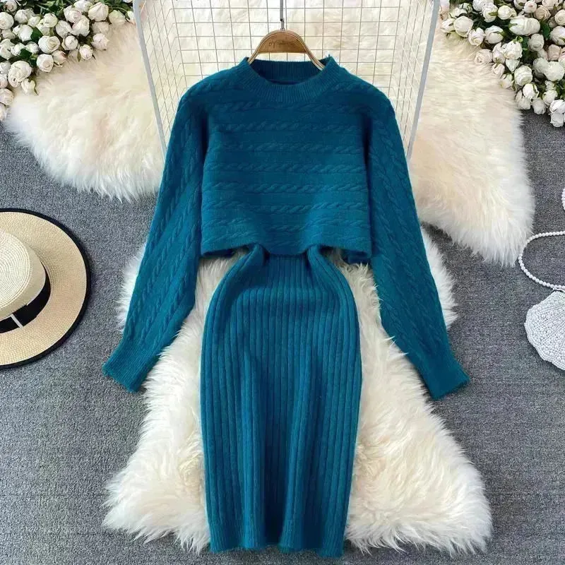 Autumn Winter Sassy Woolen Knitted Two Piece Midi Sweater Dress Outfit set