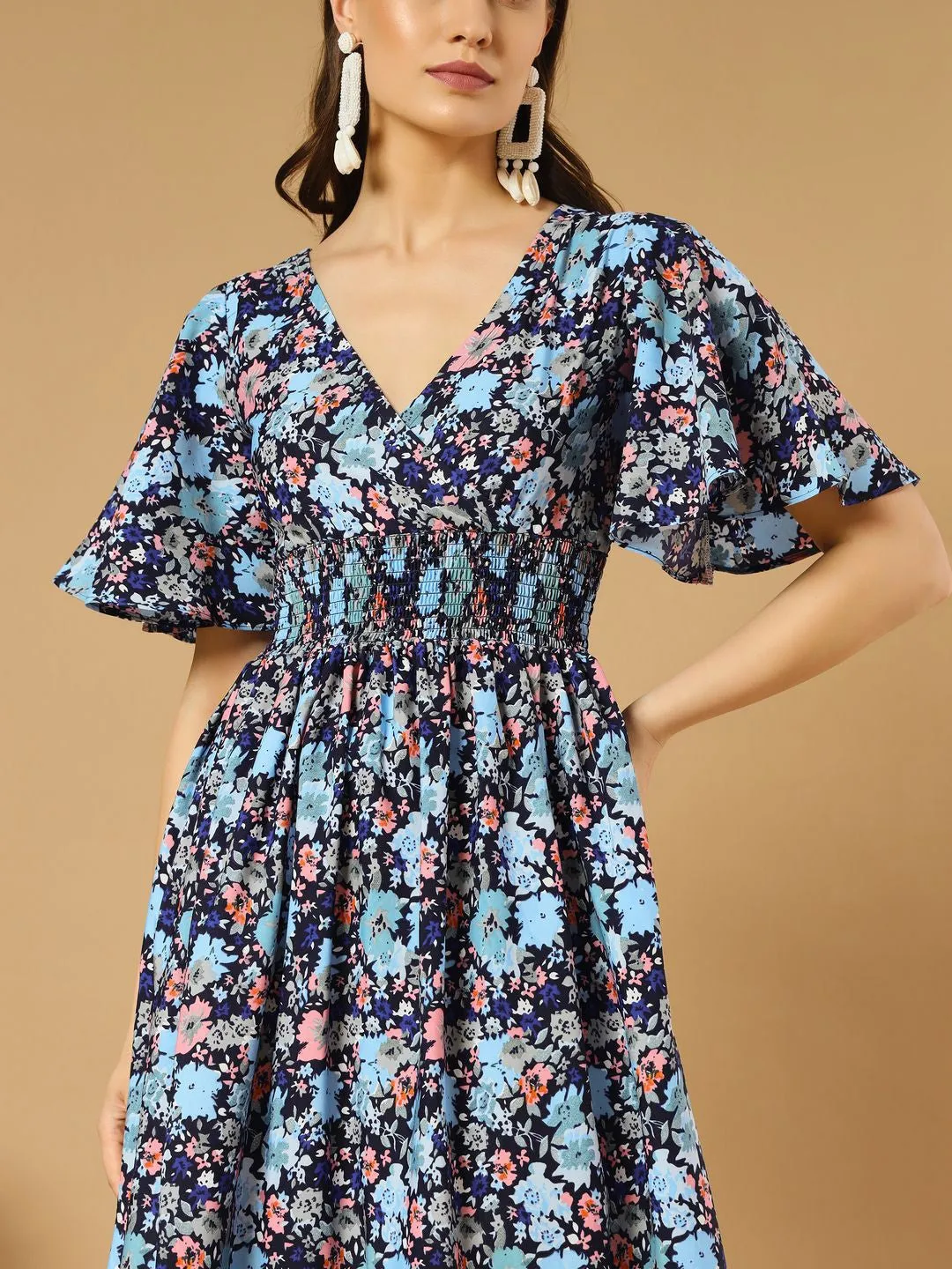 Blue Floral Fit and flare short sleeves Midi Dress