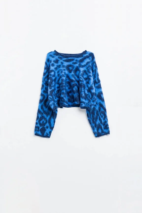 Blue Leopard Print Sweater Made of Knitted Fabric with Wool