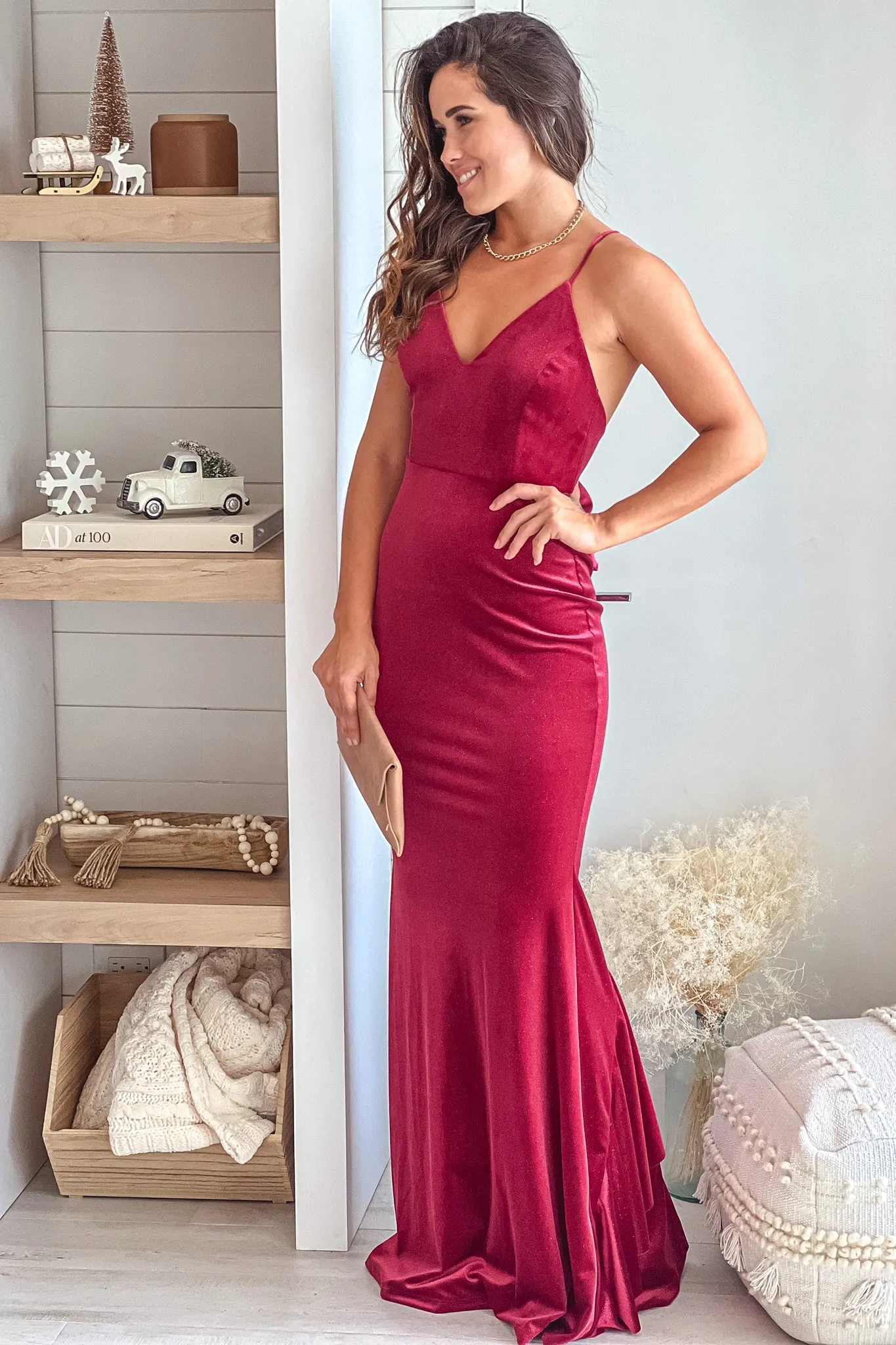 Burgundy Shine Velvet Maxi Dress With Open Back And Bow Detail