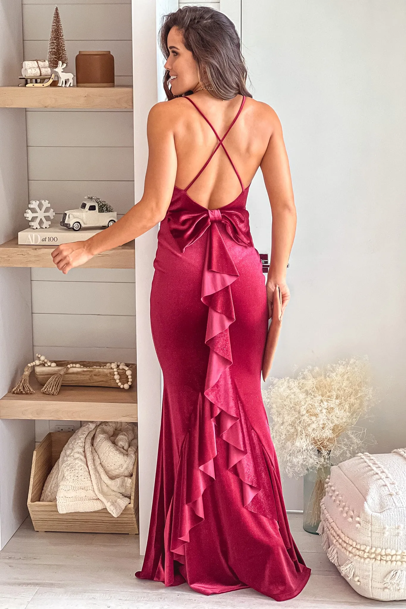 Burgundy Shine Velvet Maxi Dress With Open Back And Bow Detail