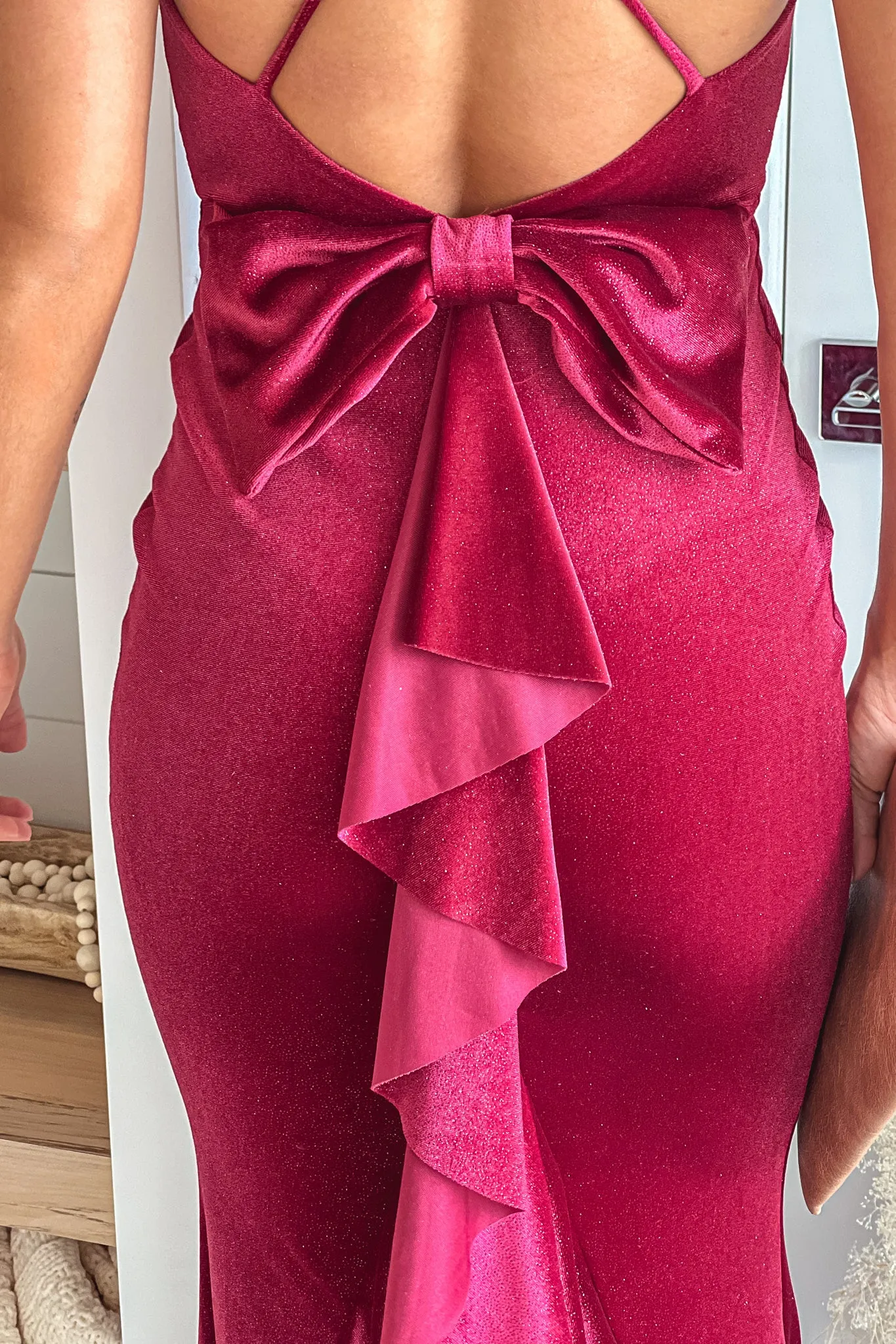 Burgundy Shine Velvet Maxi Dress With Open Back And Bow Detail