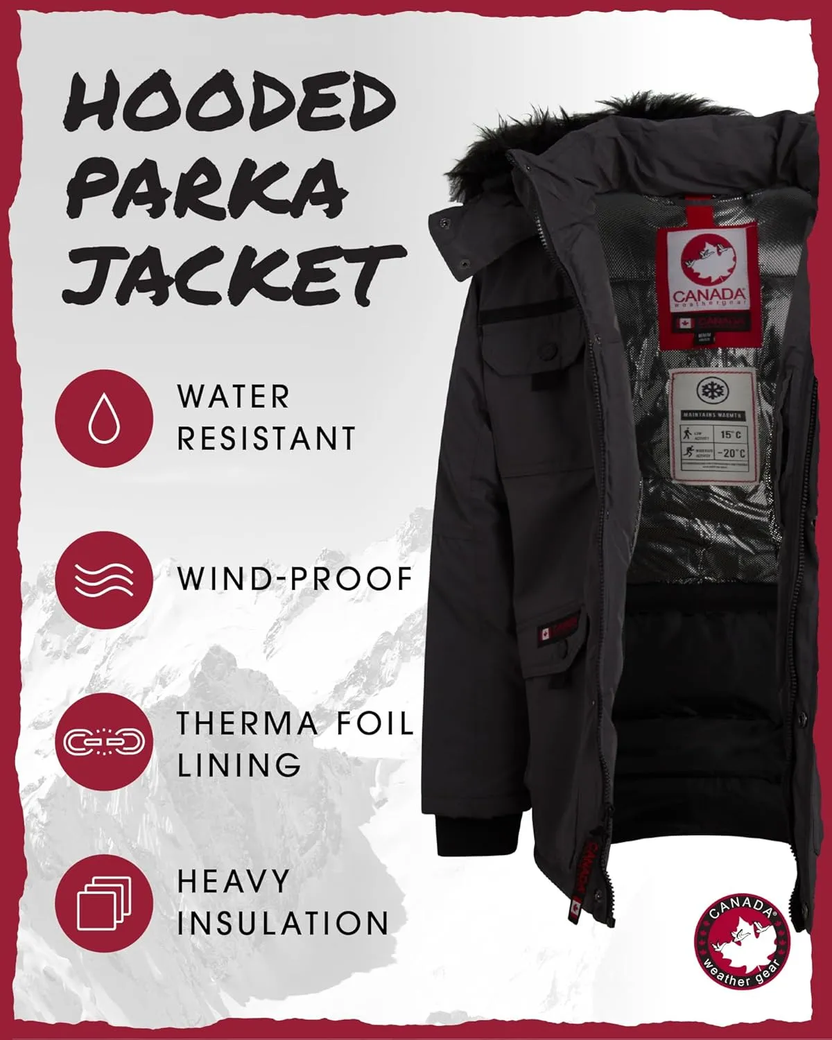 CANADA WEATHER GEAR Boys' Winter Jacket - Heavyweight Water and Wind Resistant Hooded Parka Ski Jacket for Boys (Sizes: 5-20)