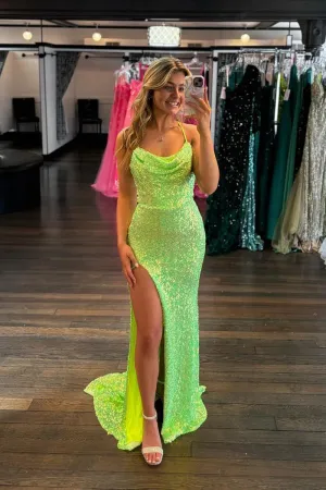 Charming Mermaid Cowl Neck Sequins Wedding Dresses with Slit VK073158