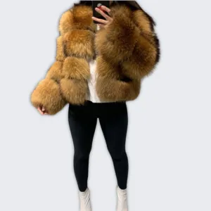 Elegant Dark Brown Winter Coat with Luxurious Fur Accents