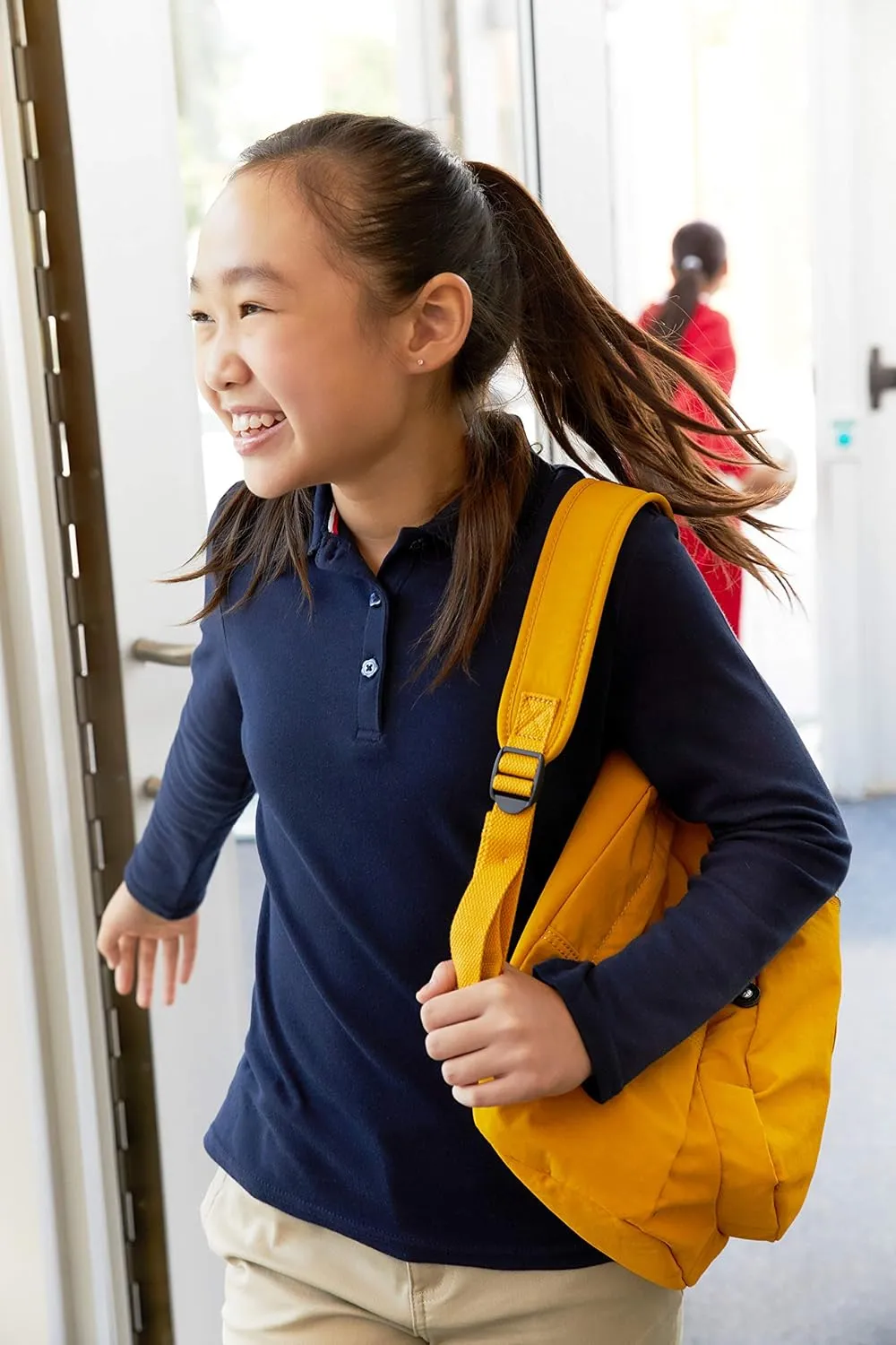 French Toast Girls' Long Sleeve Interlock Polo with Picot Collar (Standard & Plus)