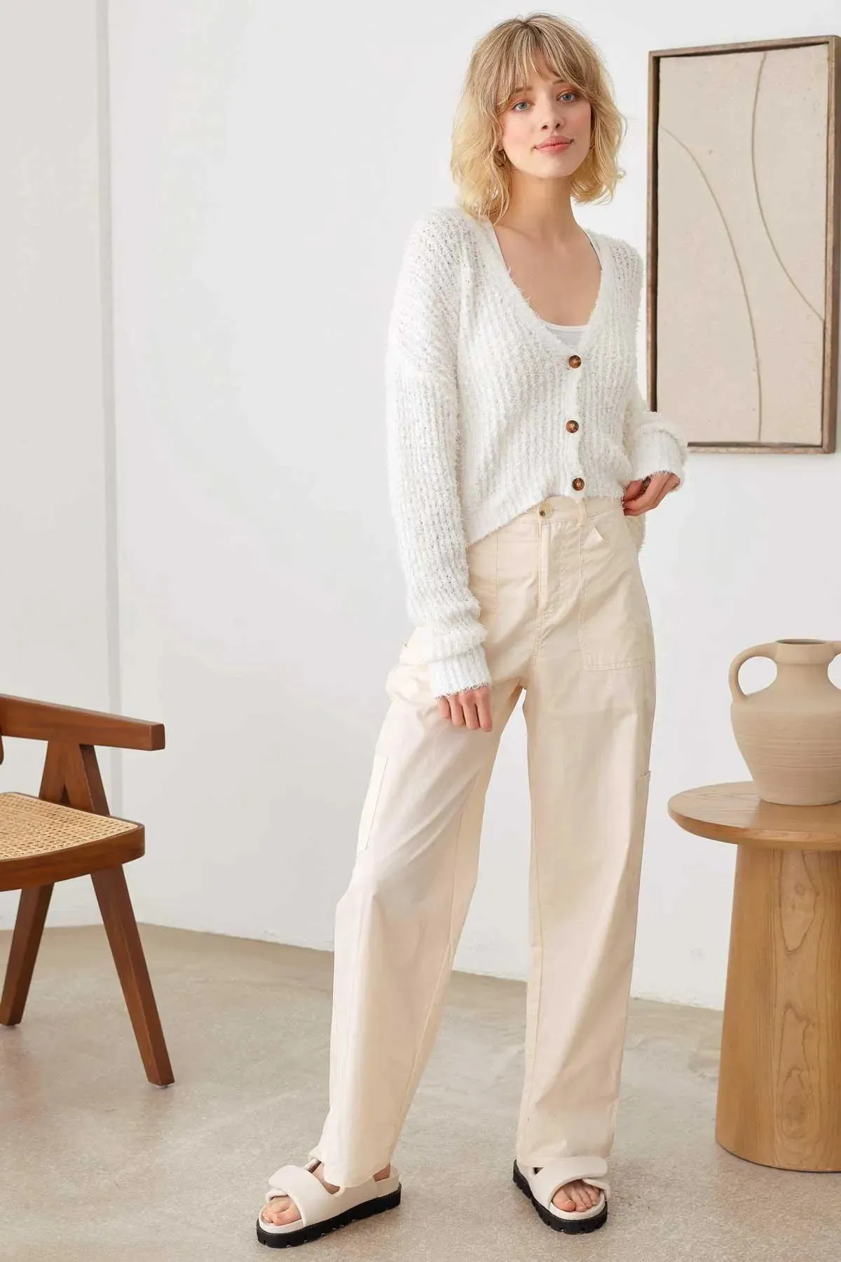 Fuzzy Button Up Long Sleeve Crop Cardigan Top