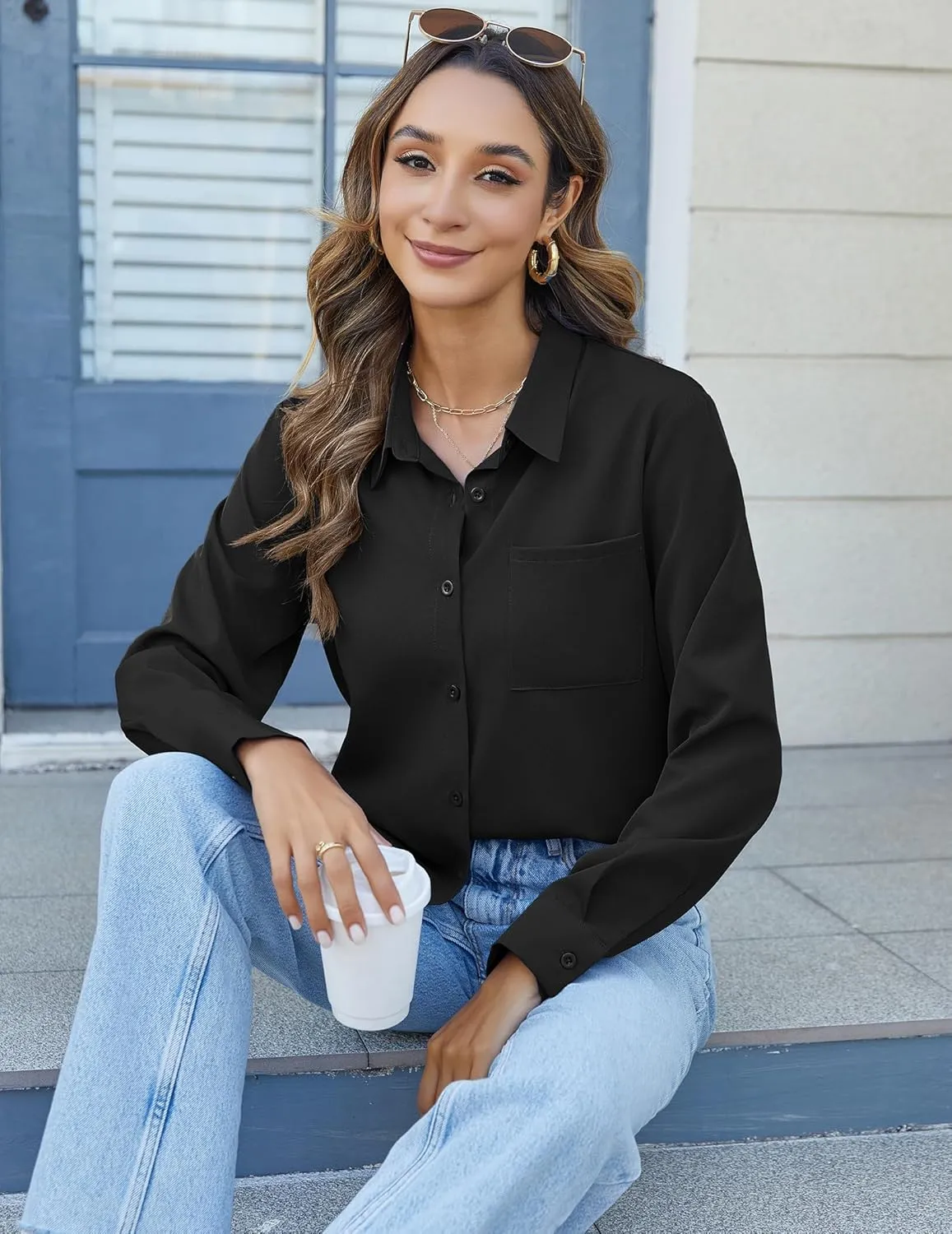 HOTOUCH Womens Button Down Shirts Long Sleeve Dress Shirts Casual V Neck Collared Tops Work Office Blouse with Pocket