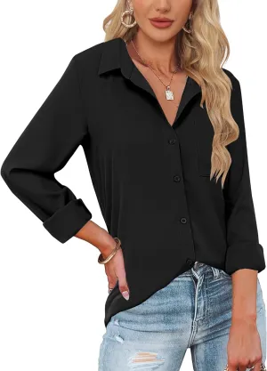 HOTOUCH Womens Button Down Shirts Long Sleeve Dress Shirts Casual V Neck Collared Tops Work Office Blouse with Pocket