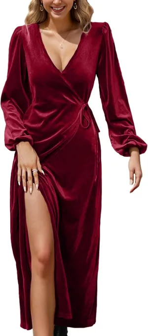 IFFEI Women's V-Neck Velvet Dress Fall Winter Wrap Cocktail Party Dresses Long Sleeve Maxi Dress