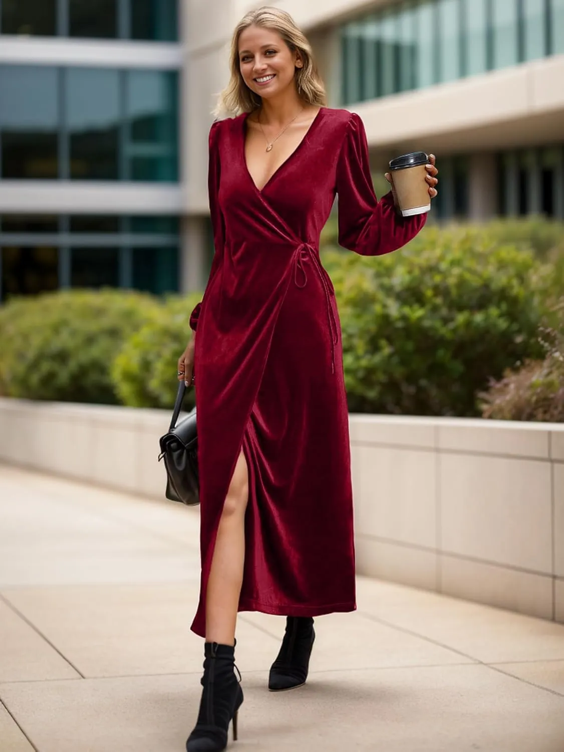 IFFEI Women's V-Neck Velvet Dress Fall Winter Wrap Cocktail Party Dresses Long Sleeve Maxi Dress