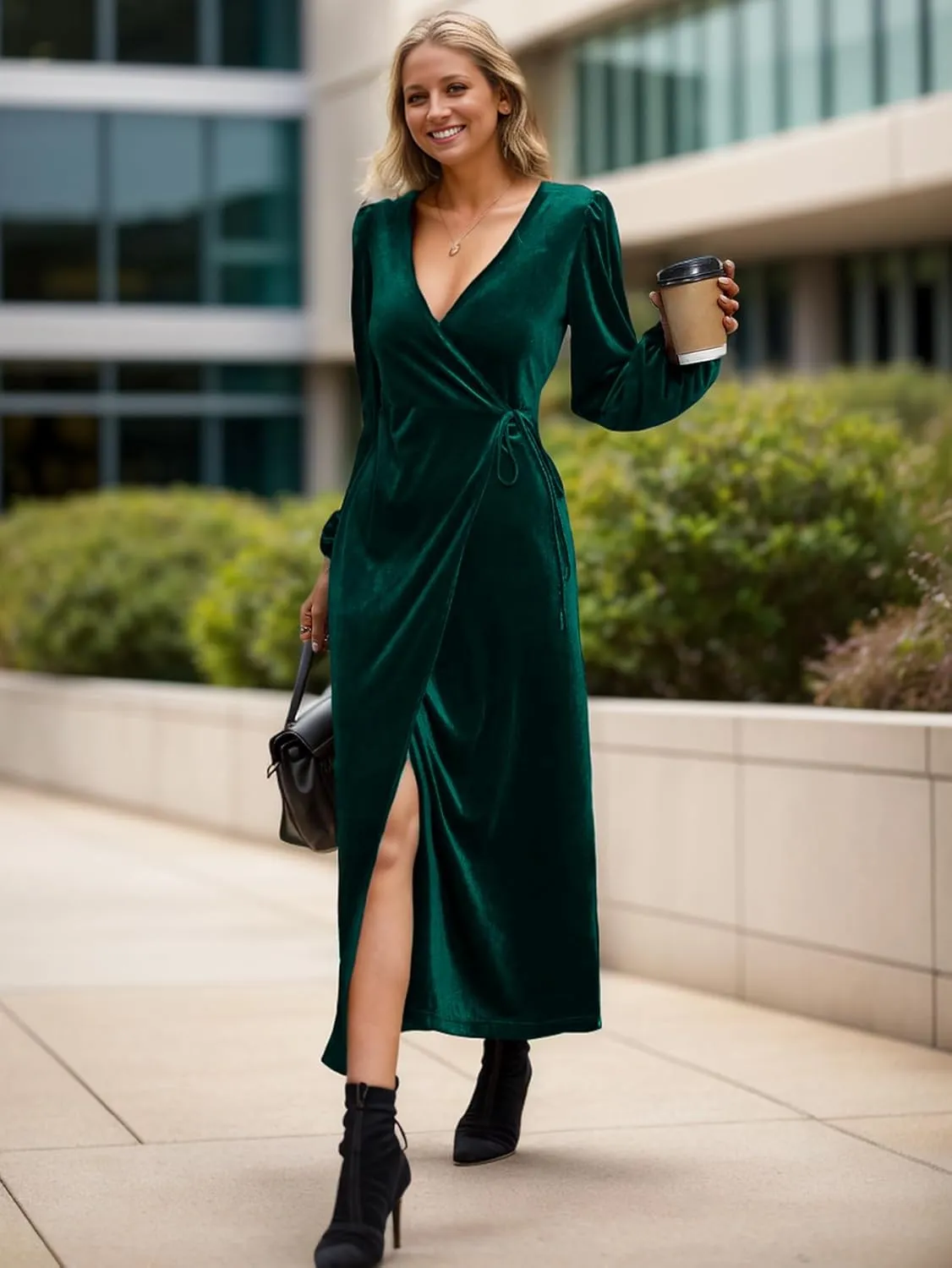 IFFEI Women's V-Neck Velvet Dress Fall Winter Wrap Cocktail Party Dresses Long Sleeve Maxi Dress