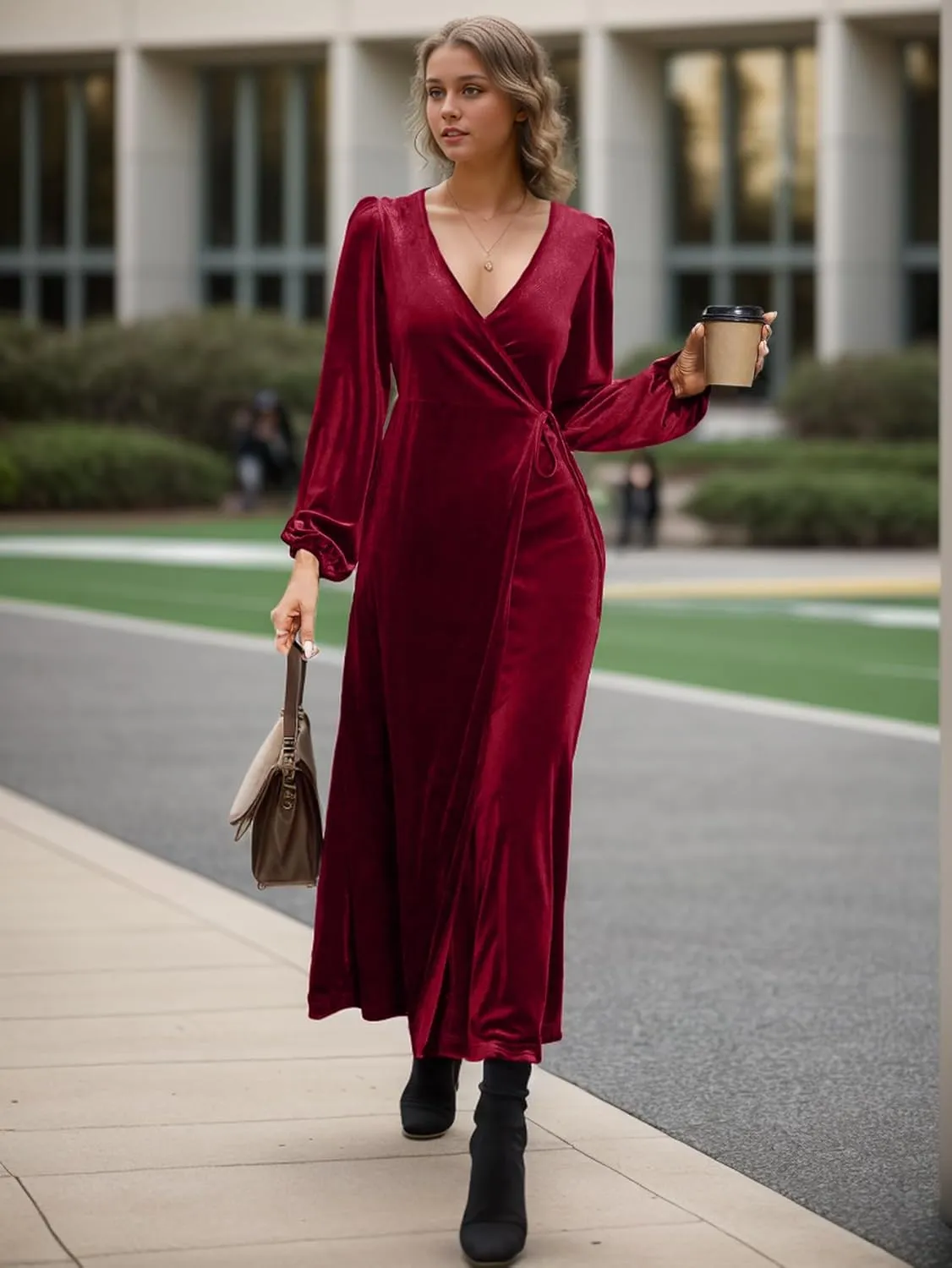 IFFEI Women's V-Neck Velvet Dress Fall Winter Wrap Cocktail Party Dresses Long Sleeve Maxi Dress