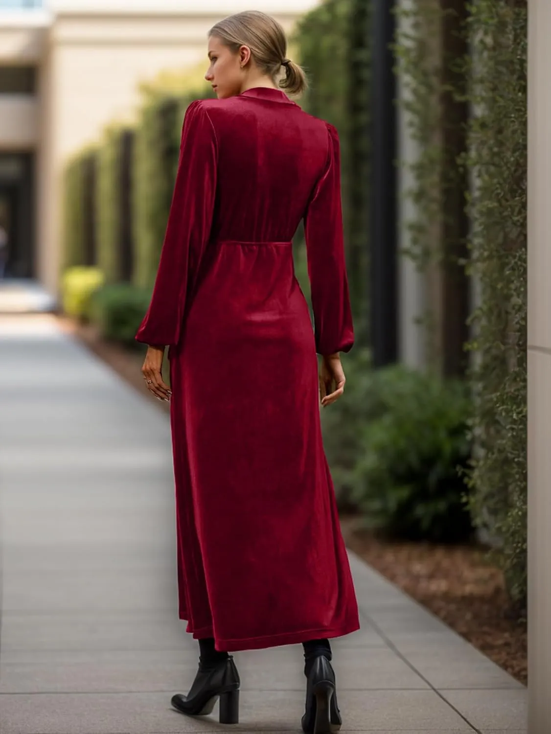 IFFEI Women's V-Neck Velvet Dress Fall Winter Wrap Cocktail Party Dresses Long Sleeve Maxi Dress
