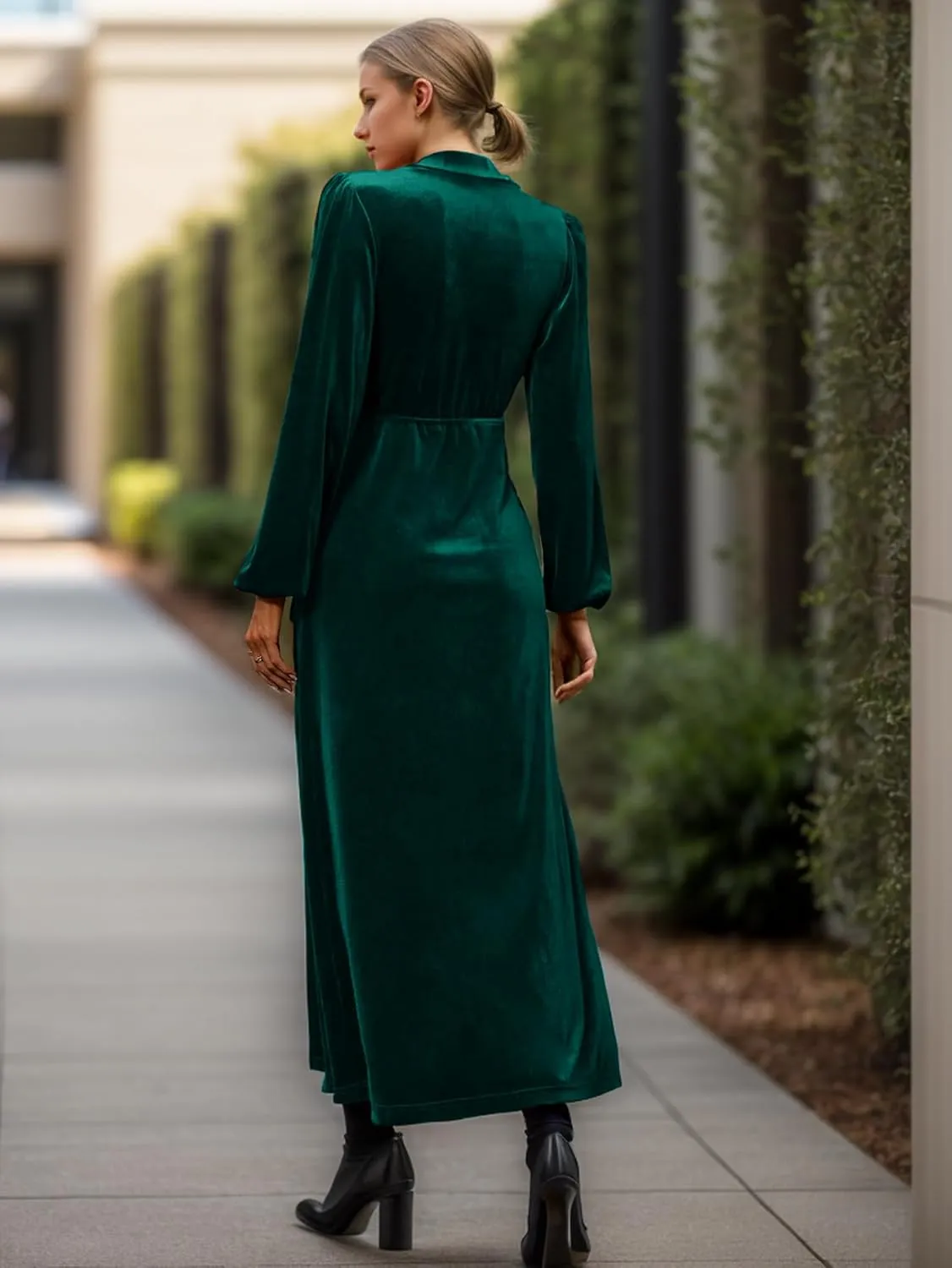 IFFEI Women's V-Neck Velvet Dress Fall Winter Wrap Cocktail Party Dresses Long Sleeve Maxi Dress