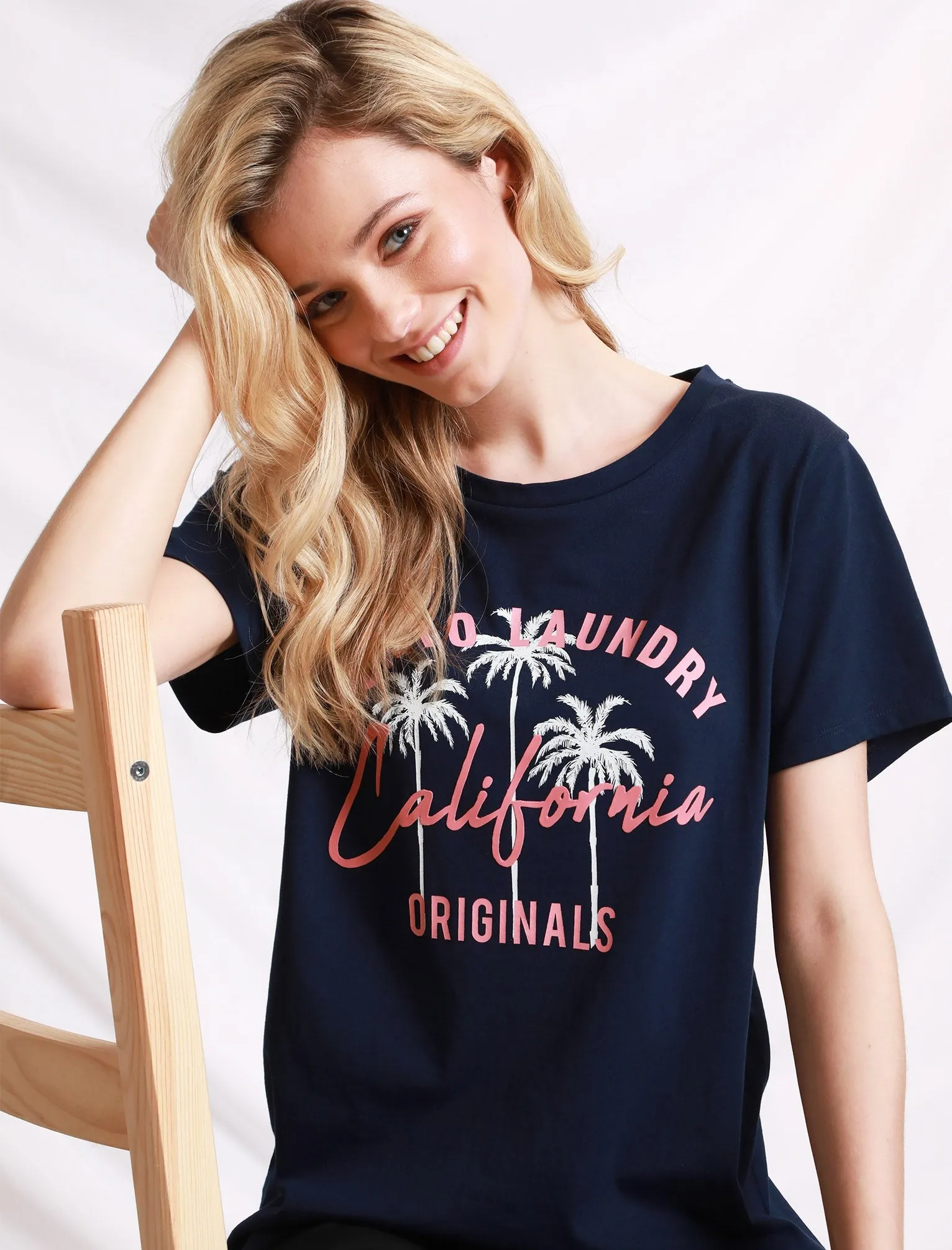 Jemima Crew Neck Cotton Jersey T-Shirt In Peacoat Blue - Tokyo Laundry