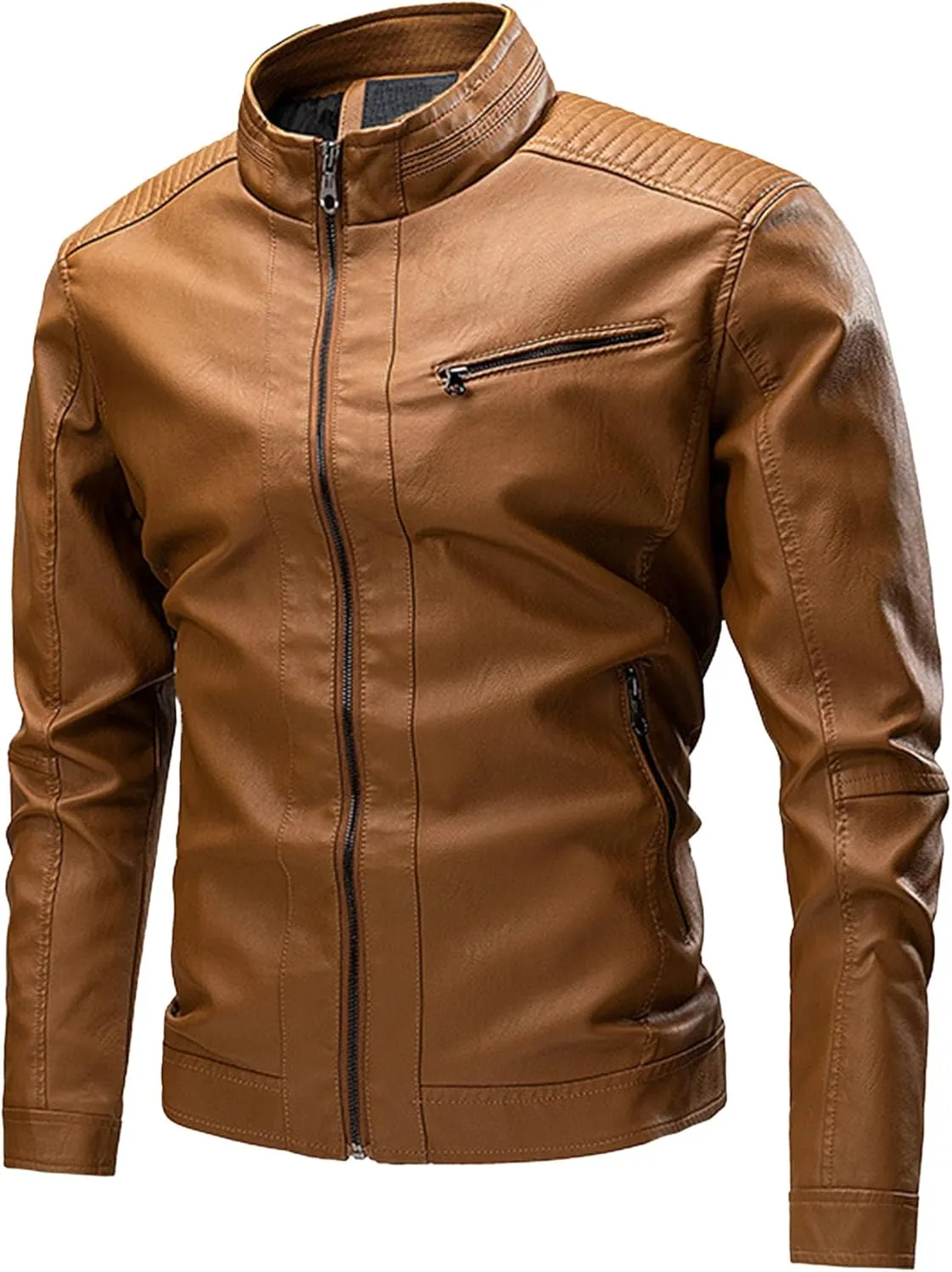 JEShifangjiusu Men'S Stand Collar Bomber Faux Leather Jacket Casual Slim Fit Pu Motorcycle Jacket Lightweight Leather Jacket