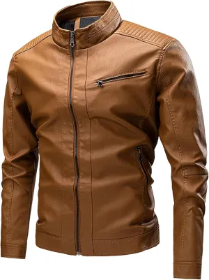 JEShifangjiusu Men'S Stand Collar Bomber Faux Leather Jacket Casual Slim Fit Pu Motorcycle Jacket Lightweight Leather Jacket