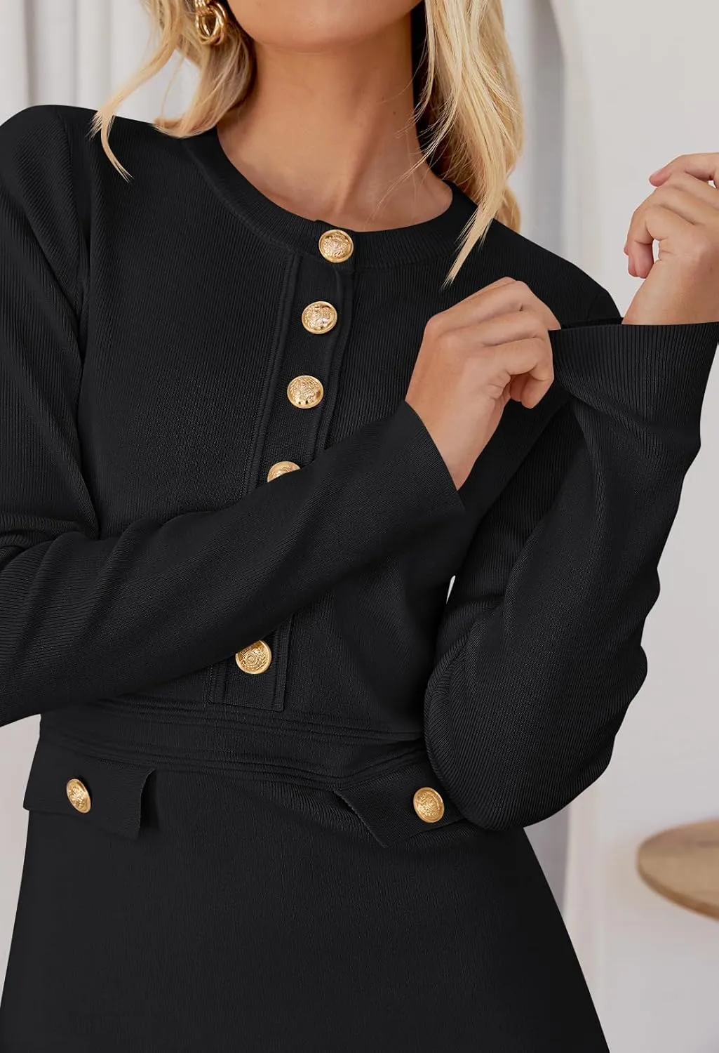 MEROKEETY Women's Long Sleeve Bodycon Sweater Dress Button Crew Neck Elegant Formal Mini Dresses