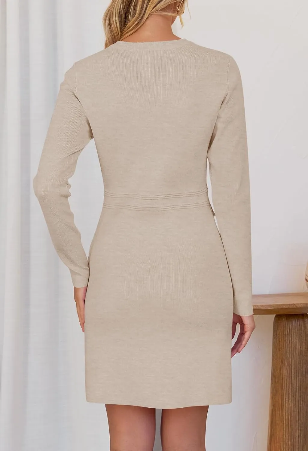 MEROKEETY Women's Long Sleeve Bodycon Sweater Dress Button Crew Neck Elegant Formal Mini Dresses
