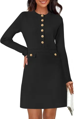 MEROKEETY Women's Long Sleeve Bodycon Sweater Dress Button Crew Neck Elegant Formal Mini Dresses