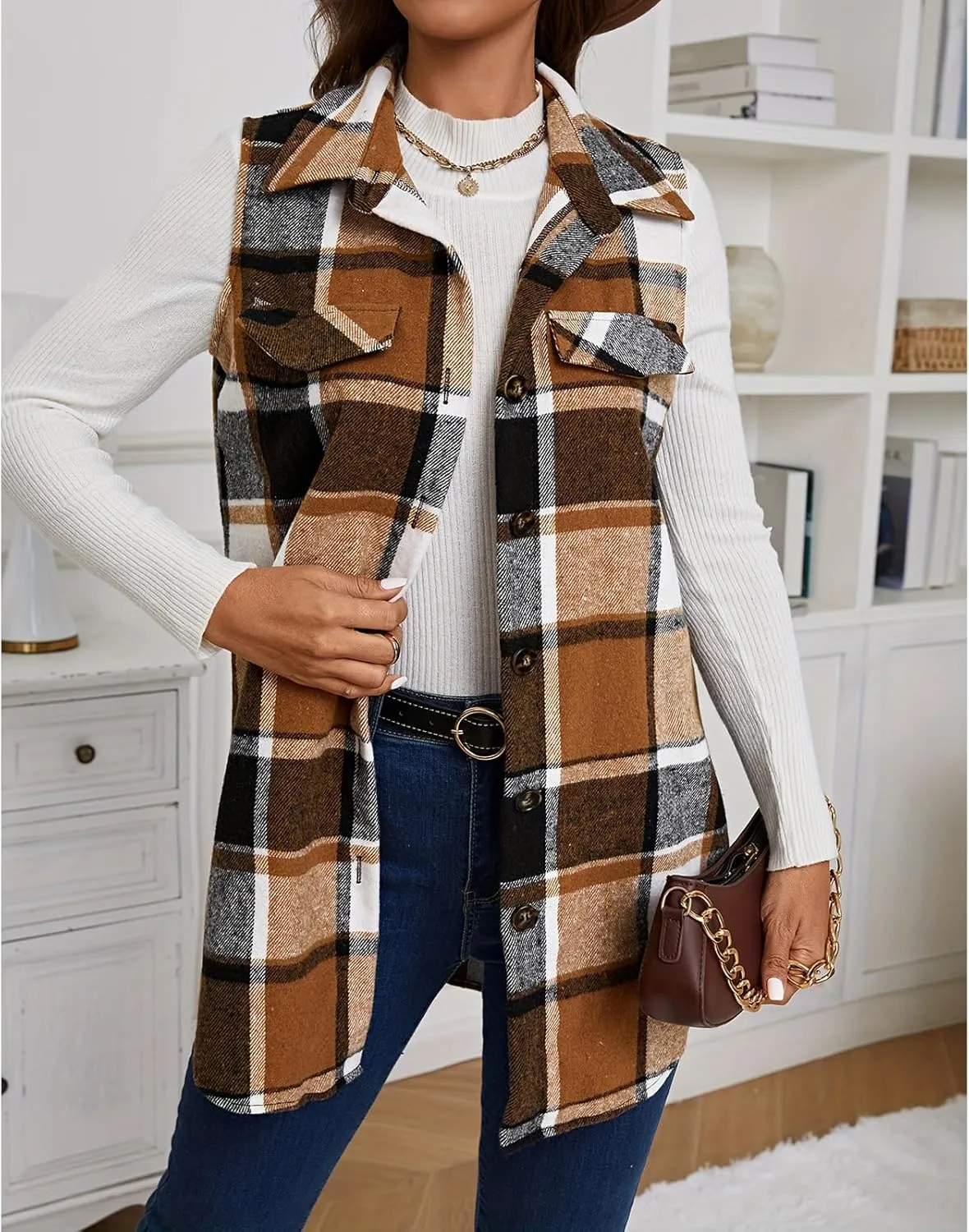 Mmoneyake Plaid Vest for Women Fall Button Down Shirt Jacket Sleeveless Shacket Lightweight Lapel Neck Coat Casual Outwear