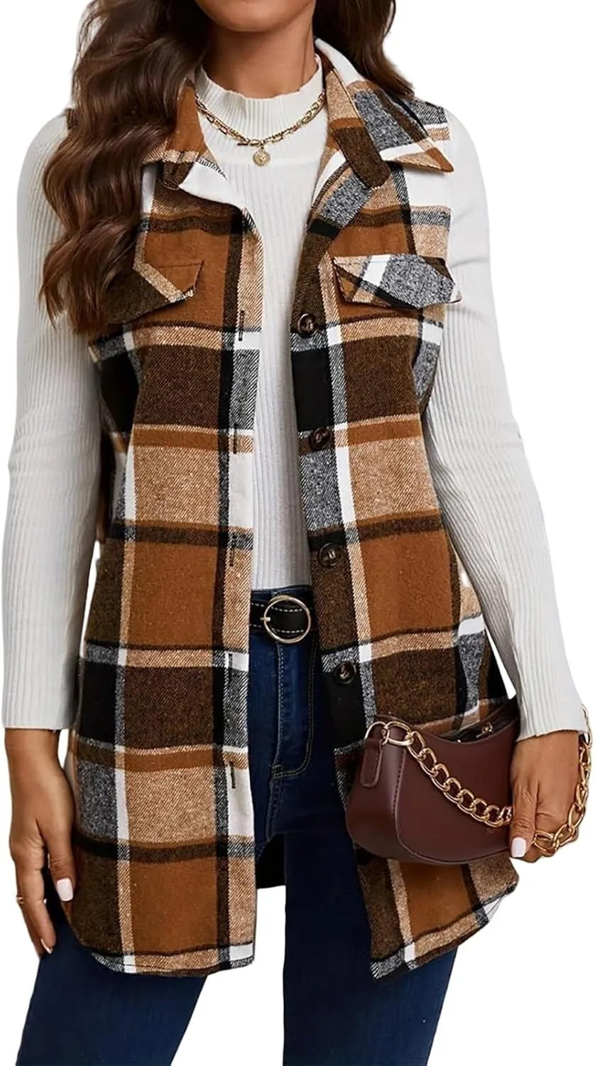 Mmoneyake Plaid Vest for Women Fall Button Down Shirt Jacket Sleeveless Shacket Lightweight Lapel Neck Coat Casual Outwear