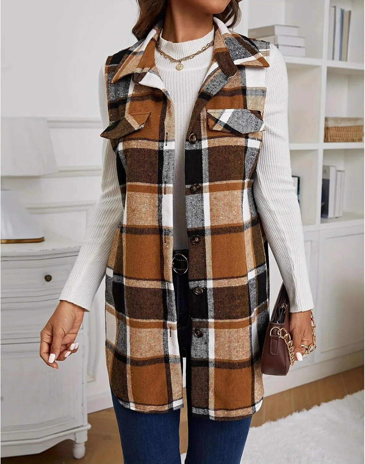 Mmoneyake Plaid Vest for Women Fall Button Down Shirt Jacket Sleeveless Shacket Lightweight Lapel Neck Coat Casual Outwear