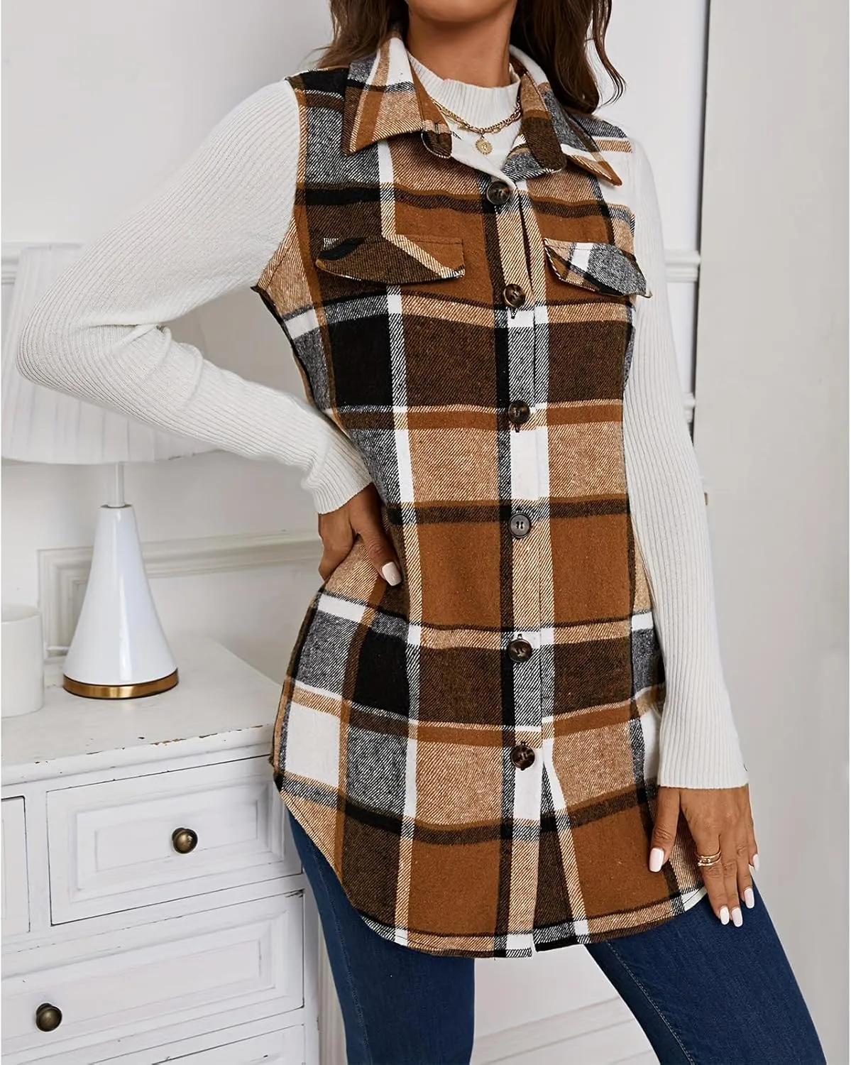 Mmoneyake Plaid Vest for Women Fall Button Down Shirt Jacket Sleeveless Shacket Lightweight Lapel Neck Coat Casual Outwear