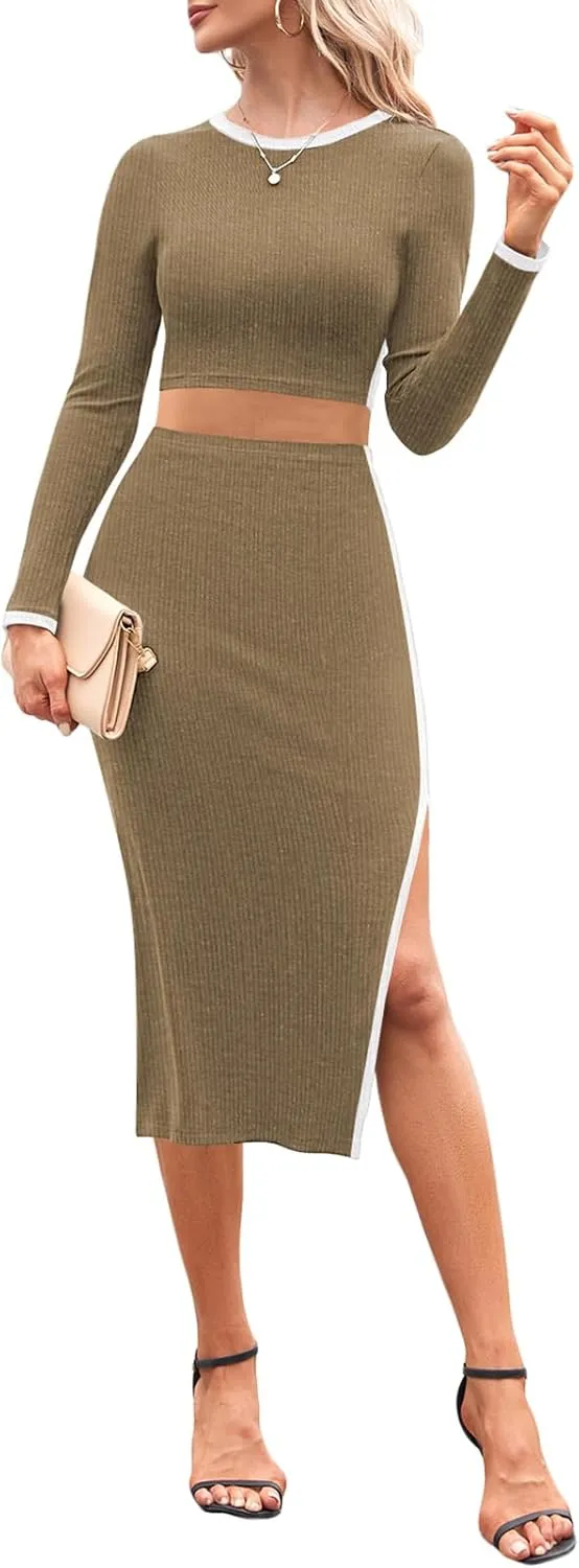 Pink Queen Women's 2 Piece Outfits Set Long Sleeve Crop Top Bodycon Slit Midi Skirt Sets Ribbed Knit Dress