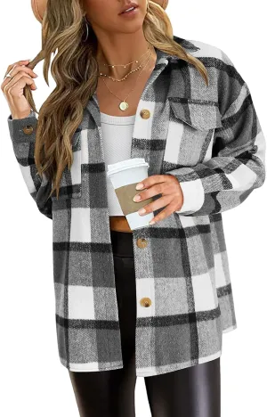 Plaid Shacket Jacket Womens Fall Fashion Long Sleeve Button Down Shirts Lightweight Boyfriend Oversized Blouses Top