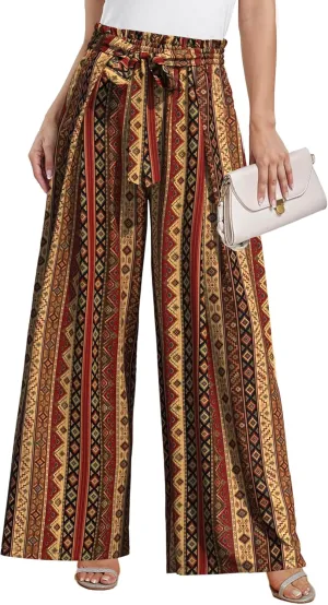Plus Size Wide Leg Pants for Women High Waisted Adjustable Knot Flowy Leopard Casual Trousers with Pockets