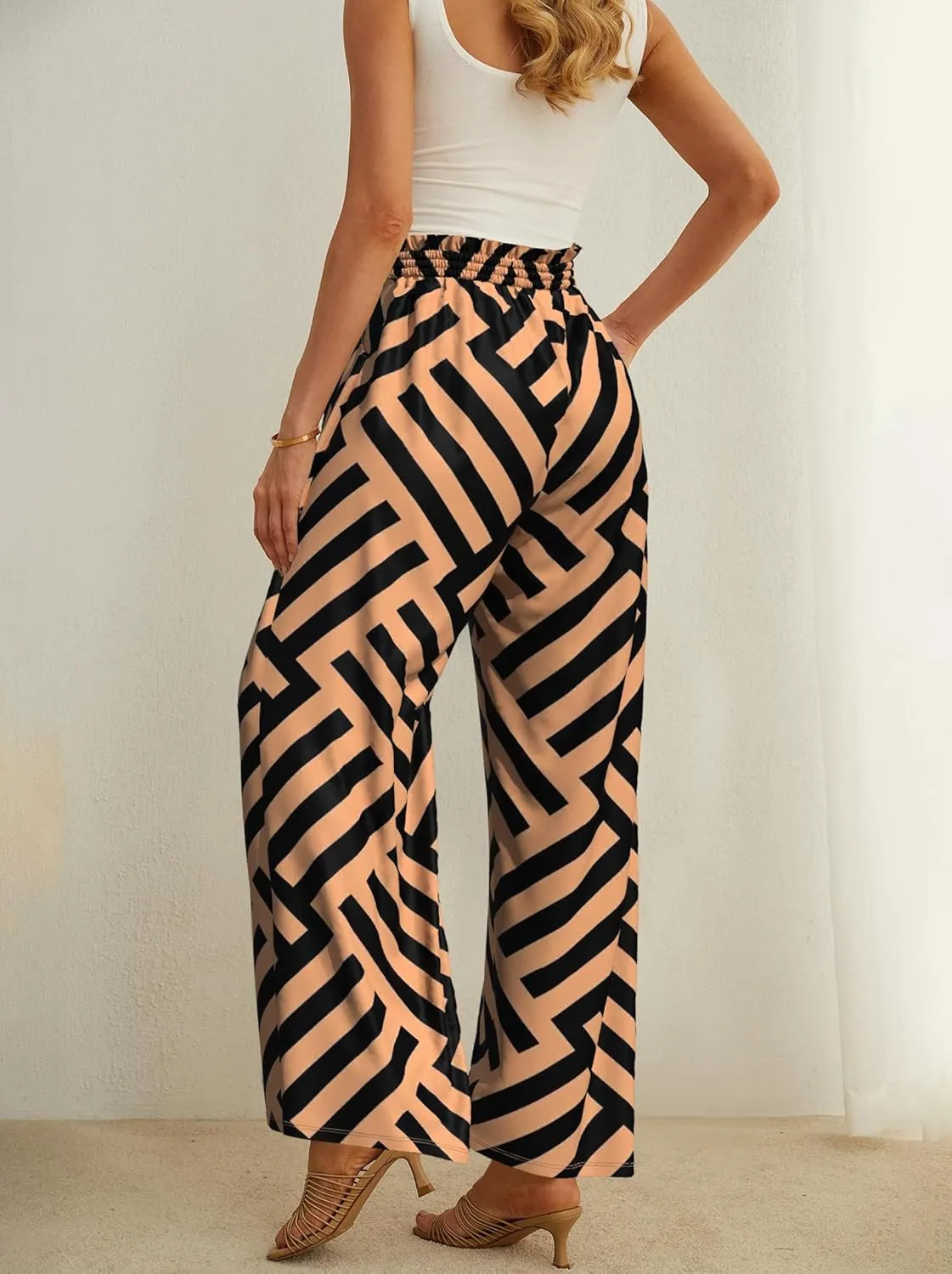 Plus Size Wide Leg Pants for Women High Waisted Adjustable Knot Flowy Leopard Casual Trousers with Pockets