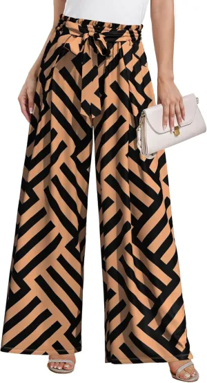 Plus Size Wide Leg Pants for Women High Waisted Adjustable Knot Flowy Leopard Casual Trousers with Pockets