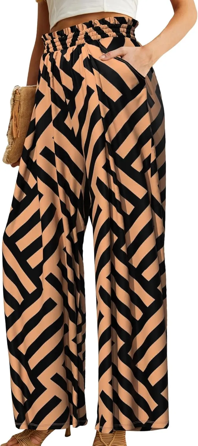 Plus Size Wide Leg Pants for Women High Waisted Adjustable Knot Flowy Leopard Casual Trousers with Pockets