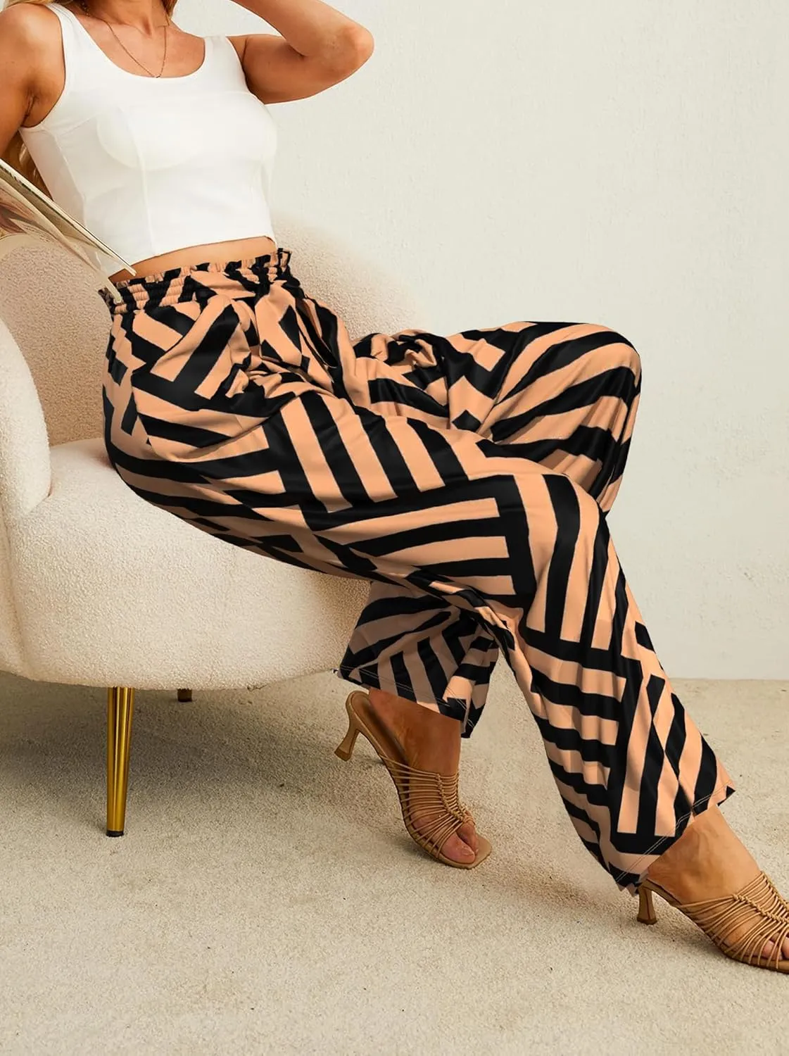 Plus Size Wide Leg Pants for Women High Waisted Adjustable Knot Flowy Leopard Casual Trousers with Pockets