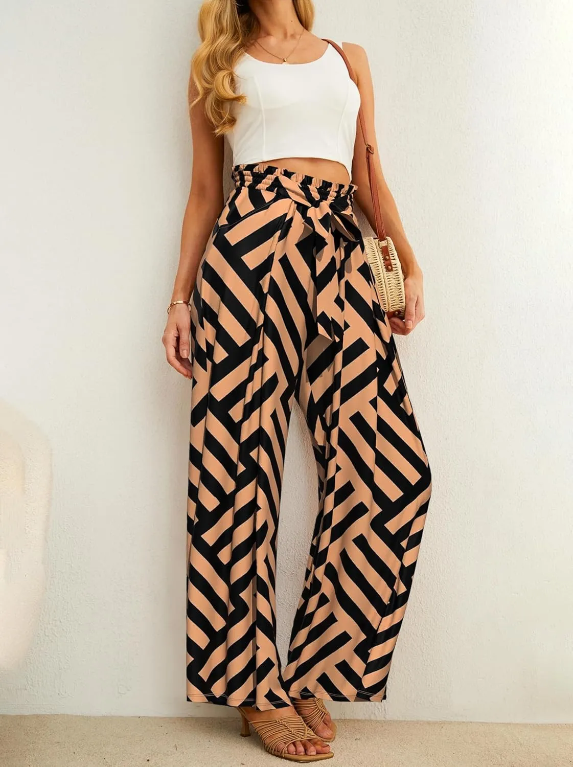 Plus Size Wide Leg Pants for Women High Waisted Adjustable Knot Flowy Leopard Casual Trousers with Pockets
