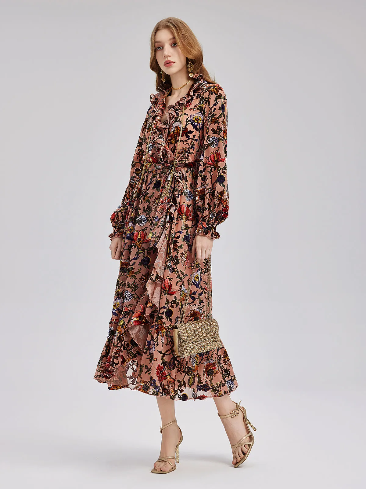 Poetically Printed Velvet Ruffle Dress