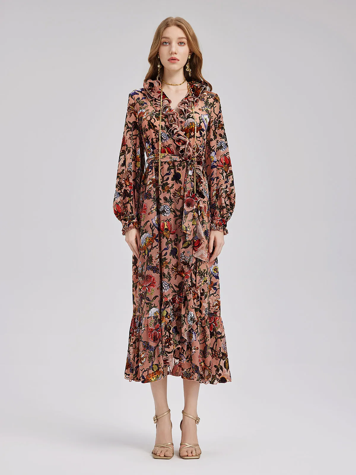 Poetically Printed Velvet Ruffle Dress