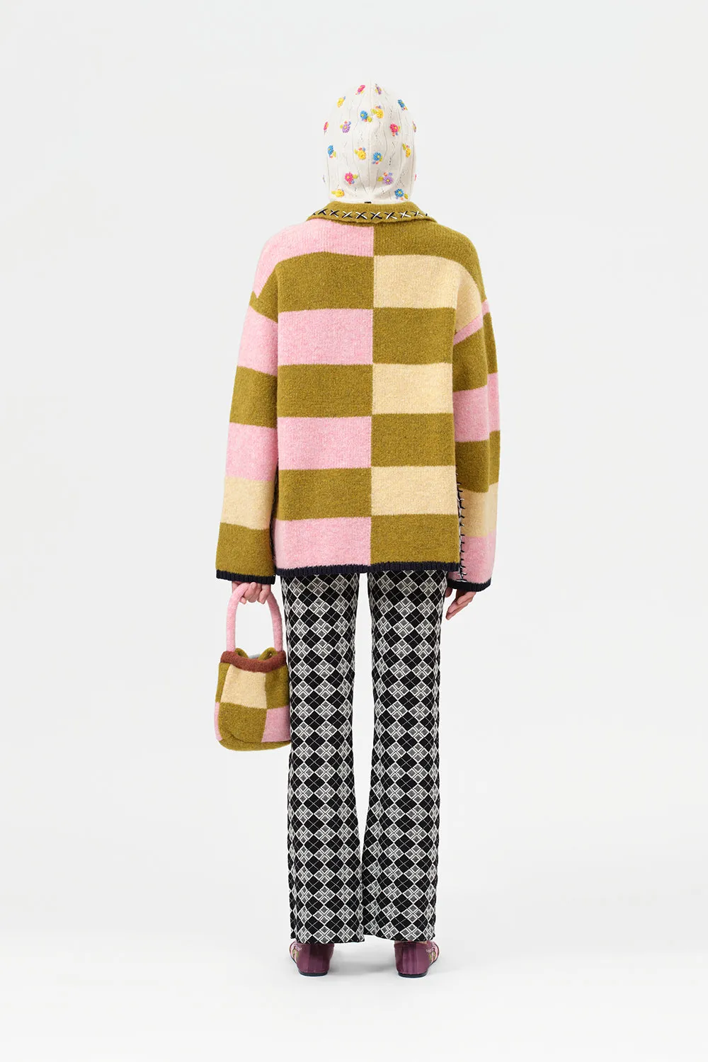 Softi Stripe Oversized Collared Pullover in Olive Multi Boucle