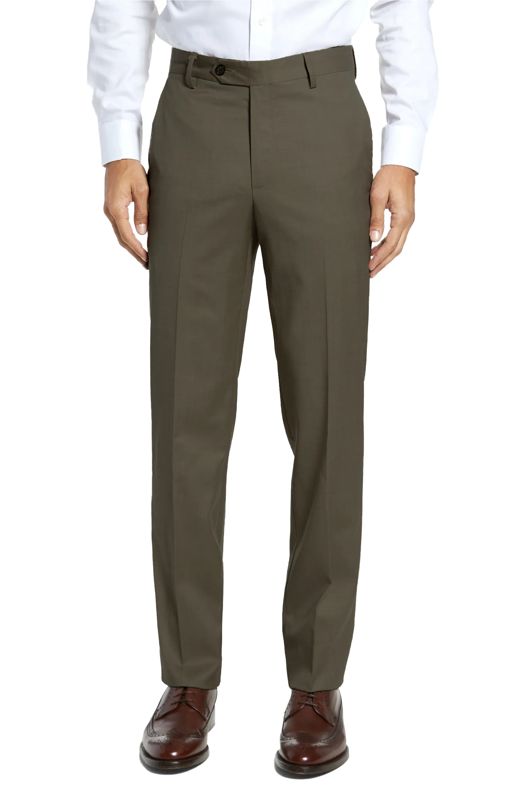 Stretch Gabardine Wool<br>Flat Front<br>Regular Rise<br>Olive