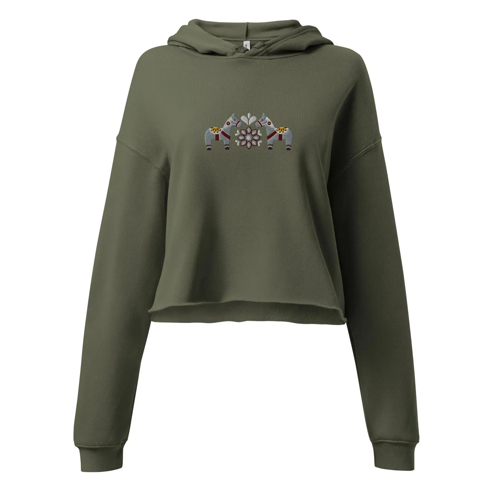 Swedish Gray Dala Horse Embroidered Cropped Hoodie
