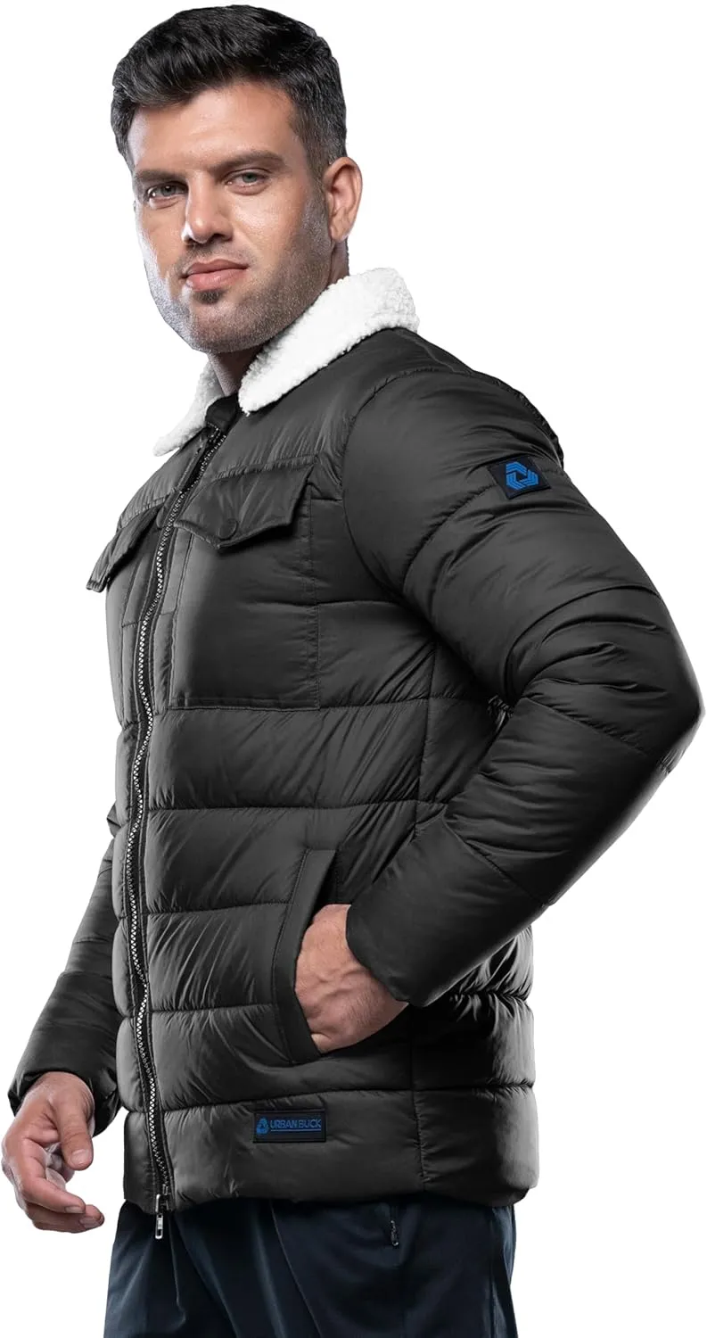 URBAN BUCK Mens Faux Fur Trimmed Hood Puffer Jacket Midweight Winter Down Windproof & Water Repellent Men Climbing Jackets