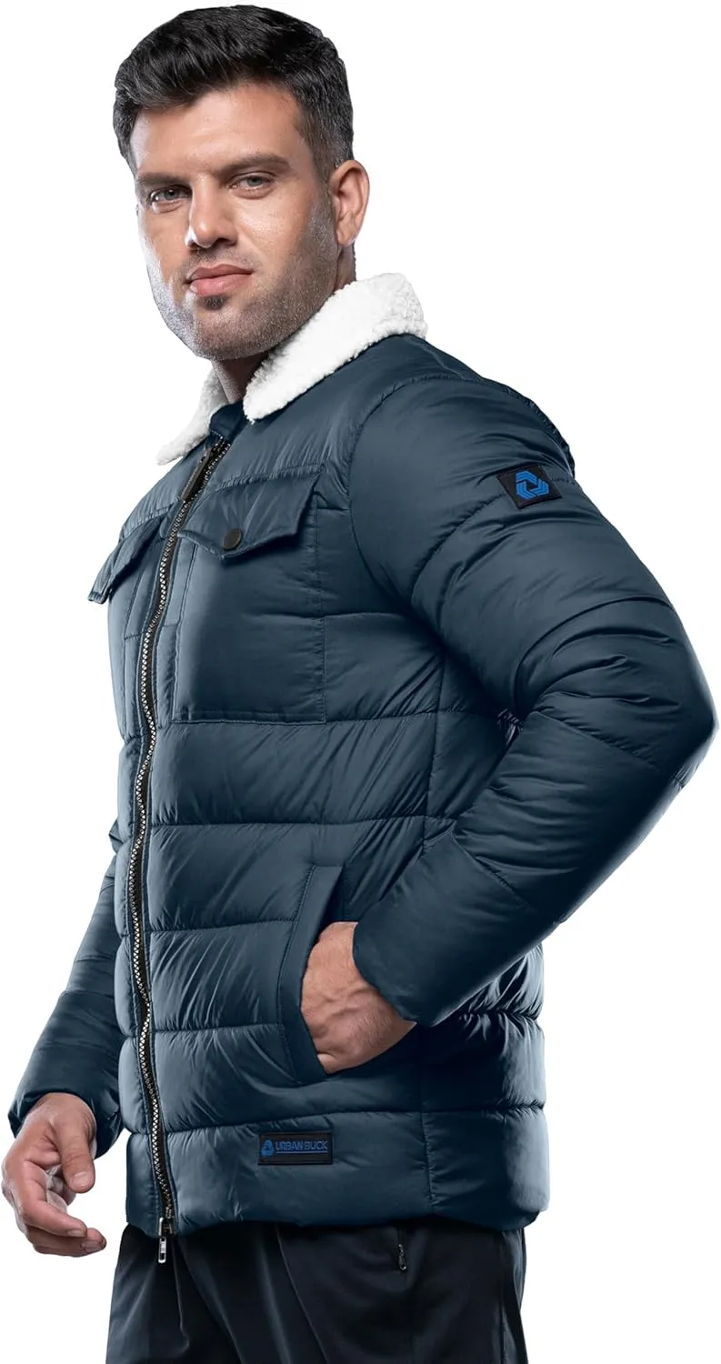 URBAN BUCK Mens Faux Fur Trimmed Hood Puffer Jacket Midweight Winter Down Windproof & Water Repellent Men Climbing Jackets